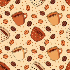 Design a charming 2D background featuring a repeating polka dot pattern composed of various coffee mugs in different colors and styles.