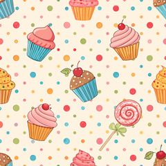 Design a charming 2D background featuring a repeating polka dot pattern of colorful cupcakes and frosting swirls.