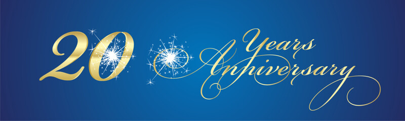 20 Years Anniversary celebration beautiful golden white light elegant brush script calligraphy typography with sparkle firework on blue background banner