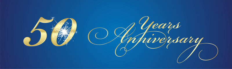 50 Years Anniversary celebration beautiful golden white light elegant brush script calligraphy typography with sparkle firework on blue background banner