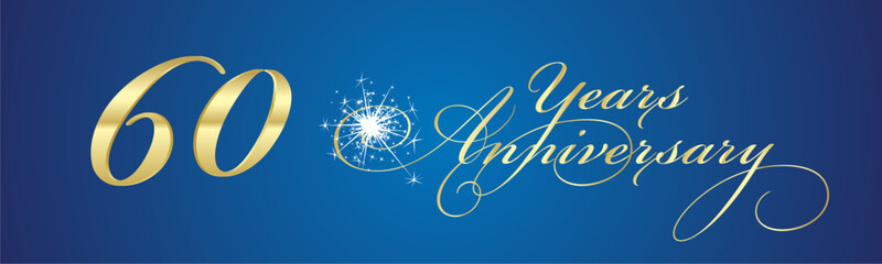 60 Years Anniversary celebration beautiful golden white light elegant brush script calligraphy typography with sparkle firework on blue background banner