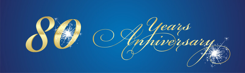 80 Years Anniversary celebration beautiful golden white light elegant brush script calligraphy typography with sparkle firework on blue background banner