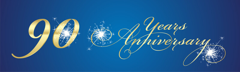 90 Years Anniversary celebration beautiful golden white light elegant brush script calligraphy typography with sparkle firework on blue background banner