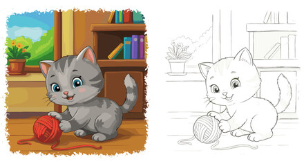 Cute kitten playing with a ball of yarn in a cozy room. Coloring book or page with colored example.