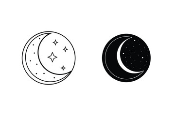 Celestial Crescent Moon Vector Illustration With Stars Black And White Graphic Icons