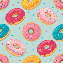 Design a charming 2D background featuring a repeating polka dot pattern of colorful glazed donuts.  Include various donut types and sprinkles.