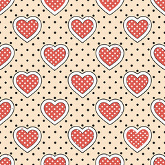 Fototapeta premium Design a charming 2D background featuring a repeating polka dot pattern composed of small, varied-sized red hearts. Ensure a seamless tileable texture.