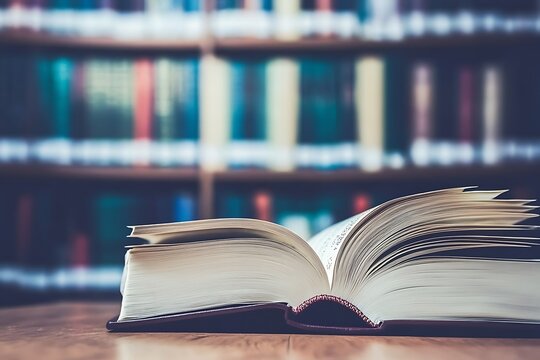 Open book resting on a table in a library setting.
