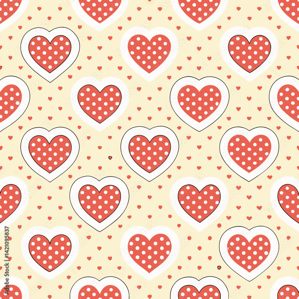 Poster design a charming 2d background featuring a repeating polka dot pattern composed of red and pink hea