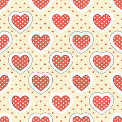 Design a charming 2D background featuring a repeating polka dot pattern composed of red and pink hearts of varying sizes.
