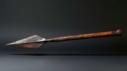Rusted iron spearhead with wooden shaft, isolated on dark background.
