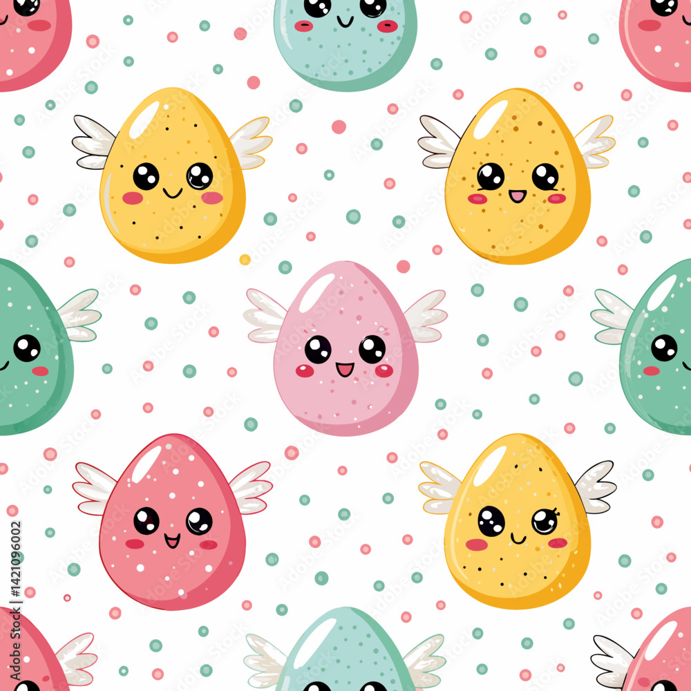 Aufkleber design a cute 2d background featuring a polka dot pattern of kawaii-style eggs in pastel colors. inc