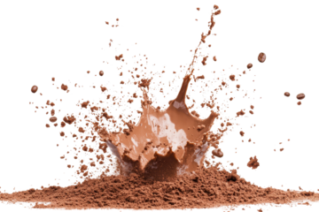 Aromatic coffee or cocoa powder explosion frozen in motion on crisp isolated white background scene