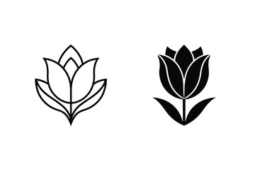 Minimalist Tulip Flower Line Art And Silhouette Icon Set On White Background