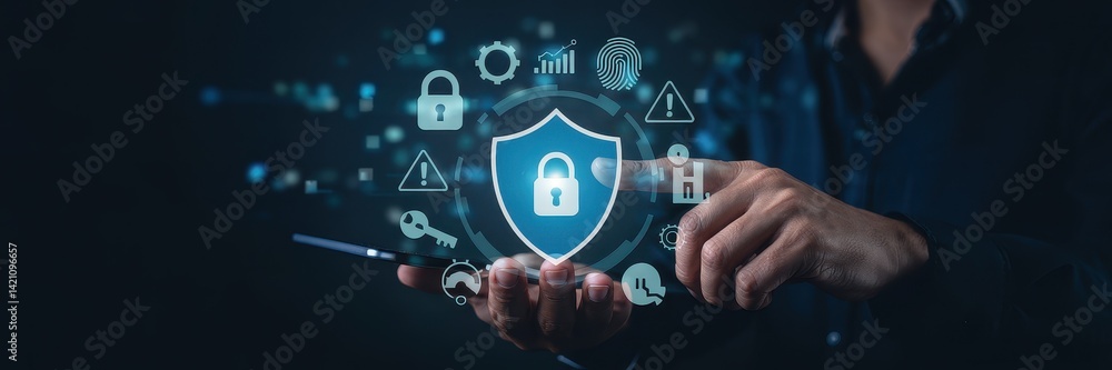 Poster digital security shield displayed on a smartphone.