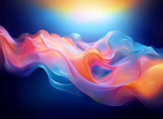Obraz premium Abstract artwork featuring vibrant, flowing fabric-like forms in shades of pink, orange, and blue against a dark blue background. The light source creates a radiant glow.