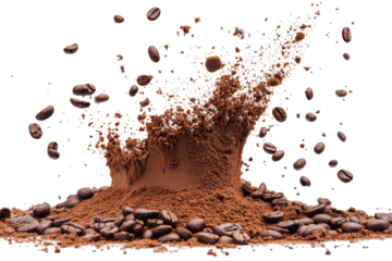 Brown coffee or cocoa particles exploding outward in energetic splash over a white background setting