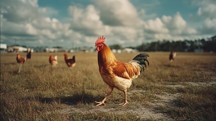 Fototapeta premium Red-Haired Rooster Walking on Farm Field with Chickens in Background Under Blue Sky with White Clouds – Rural Poultry Scene
