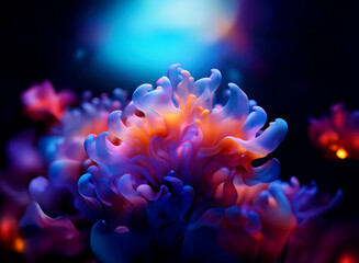 Obraz premium Intricate, bioluminescent flora thrives against a dark, moody background. Vibrant blues, oranges, and purples illuminate the otherworldly scene.