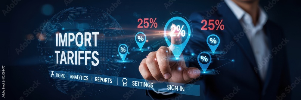 Poster global import tariffs displayed on a digital interface.