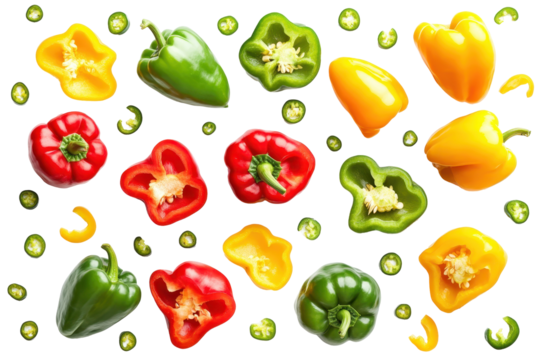 Fresh green yellow and red bell peppers dropping through air frozen on pure white background
