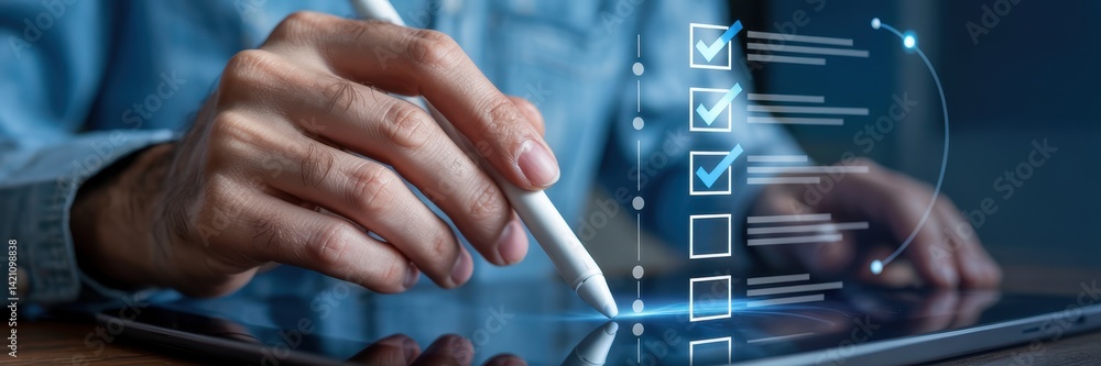 Poster person using stylus to mark tasks on digital checklist.