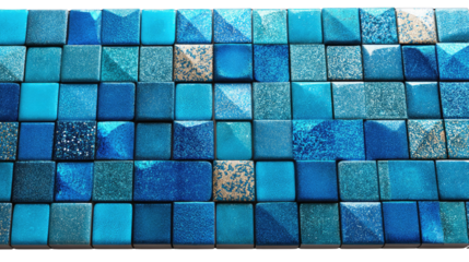 Geometric Mosaic: A visually captivating display of geometrically arranged tiles showcasing a mesmerizing interplay of blue hues, creating a striking textured pattern and inviting aesthetic.