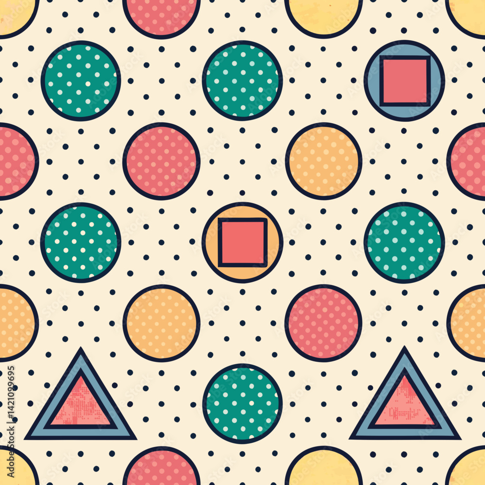 Poster design a vibrant 2d background featuring a polka dot pattern interwoven with simple geometric shapes