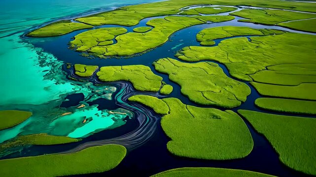 Aerial view of green river delta winding through turquoise coastal waters