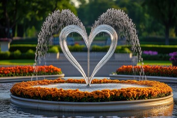 Heart-shaped fountain in a vibrant garden setting. Water jets create a romantic, flowing heart.