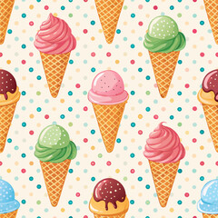 Design a cheerful 2D background featuring a repeating polka dot pattern interspersed with various ice cream scoops in pastel colors.