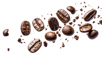 Falling coffee beans with scattered particles suspended in air against a clean bright white background