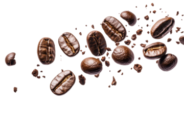 Falling coffee beans with scattered particles suspended in air against a clean bright white background