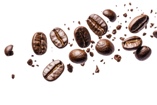 Falling coffee beans with scattered particles suspended in air against a clean bright white background