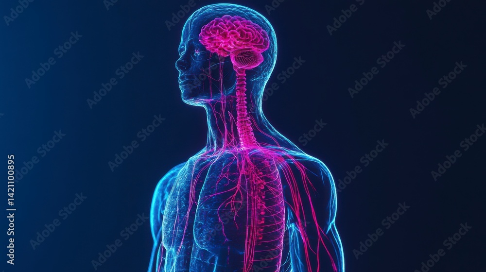Poster 3d rendering of human nervous system, highlighting brain and spinal cord.