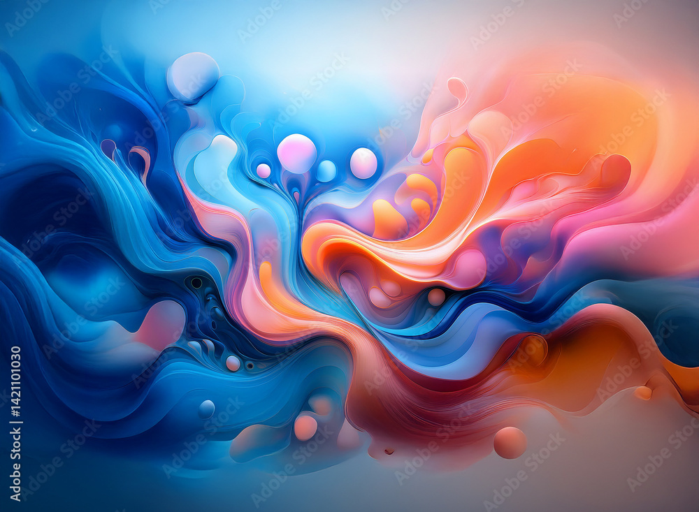 Poster abstract artwork featuring swirling blue and orange liquid forms against a blurred, gradient backgro