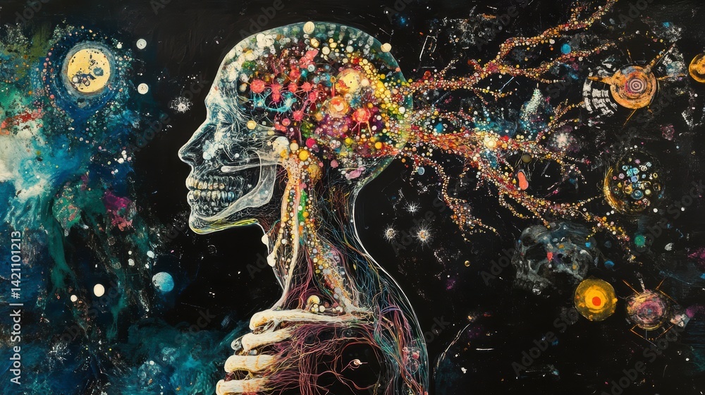 Poster cosmic mind, skull profile with vibrant internal universe and branching neural pathways against a st