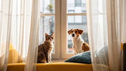 Two pets, a cat and a dog, sit together by a window, basking in natural sunlight, surrounded by soft curtains and a cozy interior setting.
