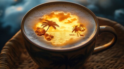 Lux Latte fantasy--A treasure island scene from 'Sea of Thieves' reflected inside coffee foam, glowing treasure, palm trees, cloudy sky inside cup