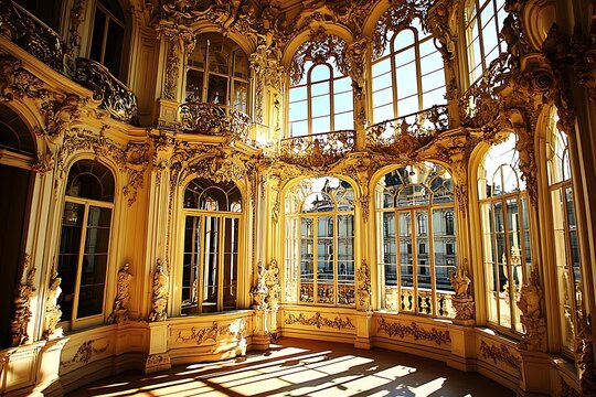 Ornate, sun-drenched interior of a grand European palace.