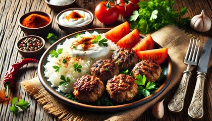 Turkish food meal, meat balls kebab kofte and pilav rice in a plate with vegetables