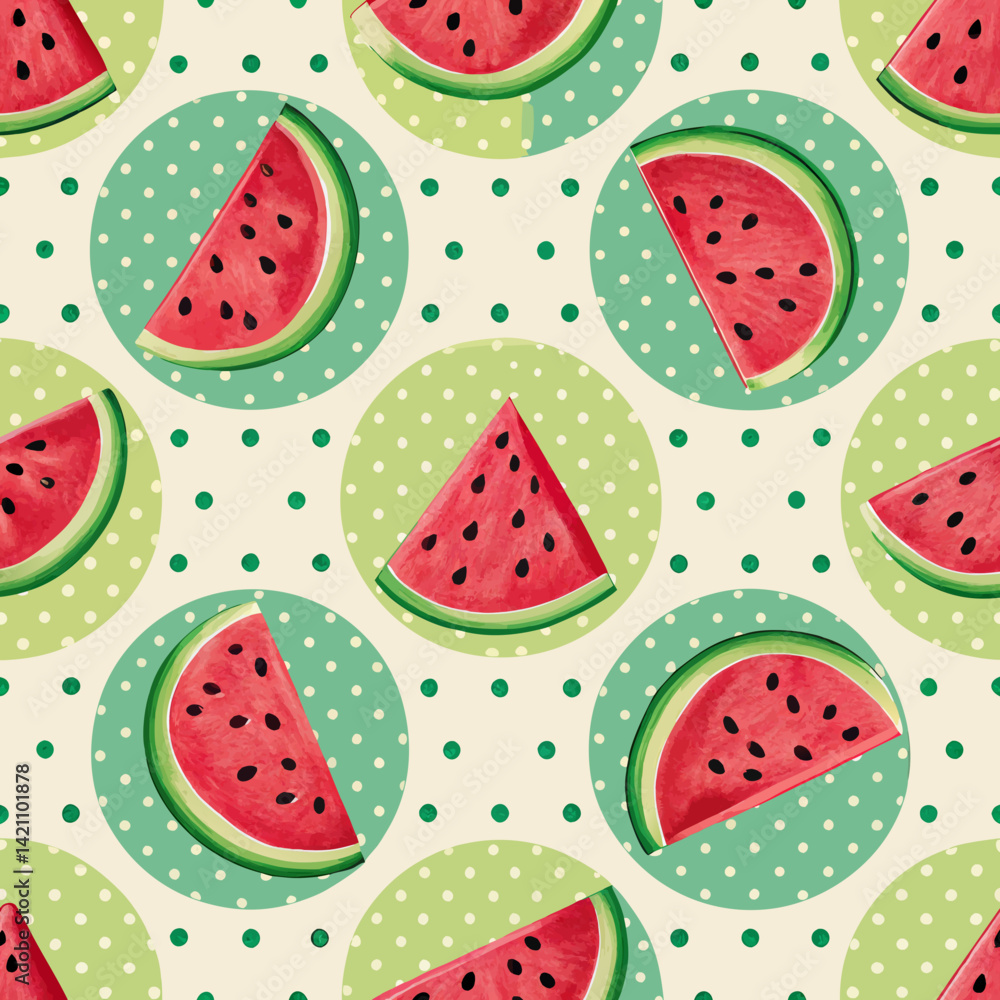 Poster design a 2d background featuring a repeating polka dot pattern incorporating watermelon slices and s