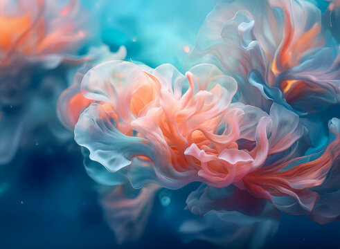 Abstract image of swirling, translucent forms in peach and teal hues against a dark blue background.  The shapes resemble delicate, underwater flora.