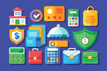Colorful illustration of finance and business icons including a house, shield with dollar symbol, calculators, briefcases, documents, a credit card, and a checklist.