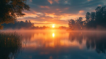 Fototapeta premium Ethereal Lake Sunrise with Mystical Fog and Golden Reflections Capturing Serenity and Natural Beauty in a Scenic Landscape