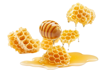 Honey puddles and combs falling through air with sticky texture over a white background setting