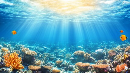 Underwater coral reef, sun rays, fish, ocean, vibrant scene, marine life, tropical, background, screen