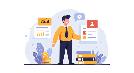 Smiling Man Presenting Business Report with Financial Charts and Document