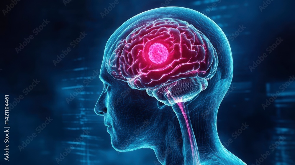 Poster 3d rendering of a human head with a highlighted brain tumor.