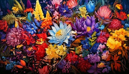 カラフルな花のアート、鮮やかなフラワーイラスト、暗い背景に映える花、色とりどりの花束、芸術的な花の構成、華やかな花の背景、ビビッドなフラワーデザイン、多彩な花のイラスト、抽象的な花の絵、満開の花々

